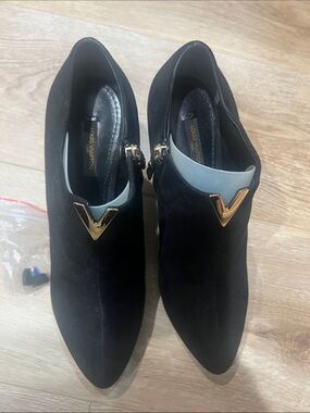 Louis Vuitton Black Suede Pointed Ankle Booties with Gold V Detail
